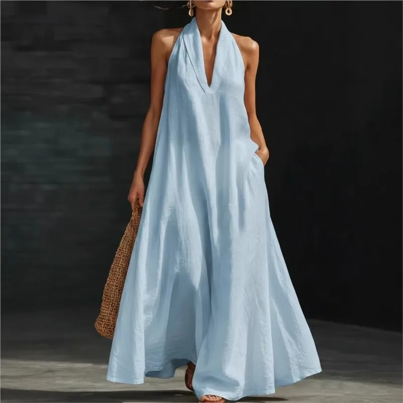 Clara Vestido de Algodón y Lino Maxi Halter