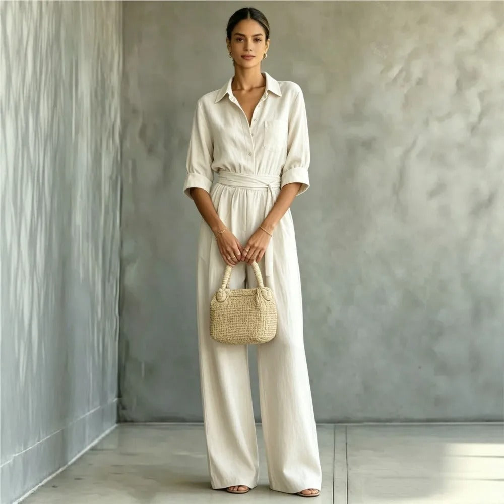 Elena Mono Elegante con Cintura Ajustable y Pantalón Ancho
