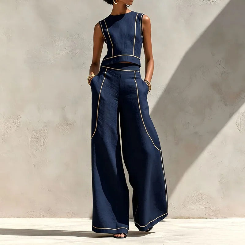 Inés Conjunto de Dos Piezas con Pantalón Palazzo y Detalles en Contraste
