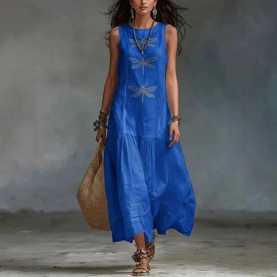 Daniela Vestido Midi Bohemio con Estampado de Libélulas