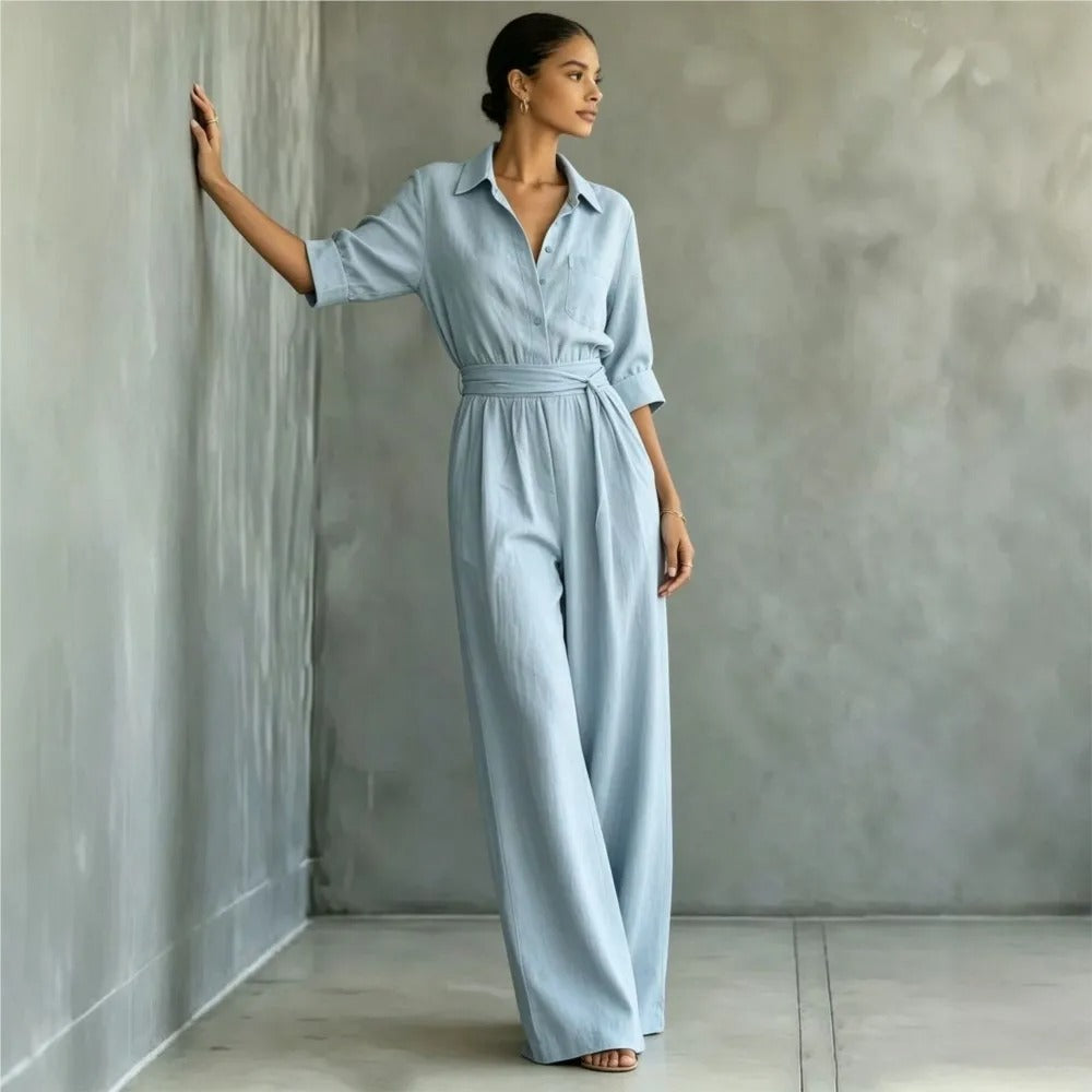 Elena Mono Elegante con Cintura Ajustable y Pantalón Ancho