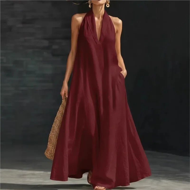 Clara Vestido de Algodón y Lino Maxi Halter