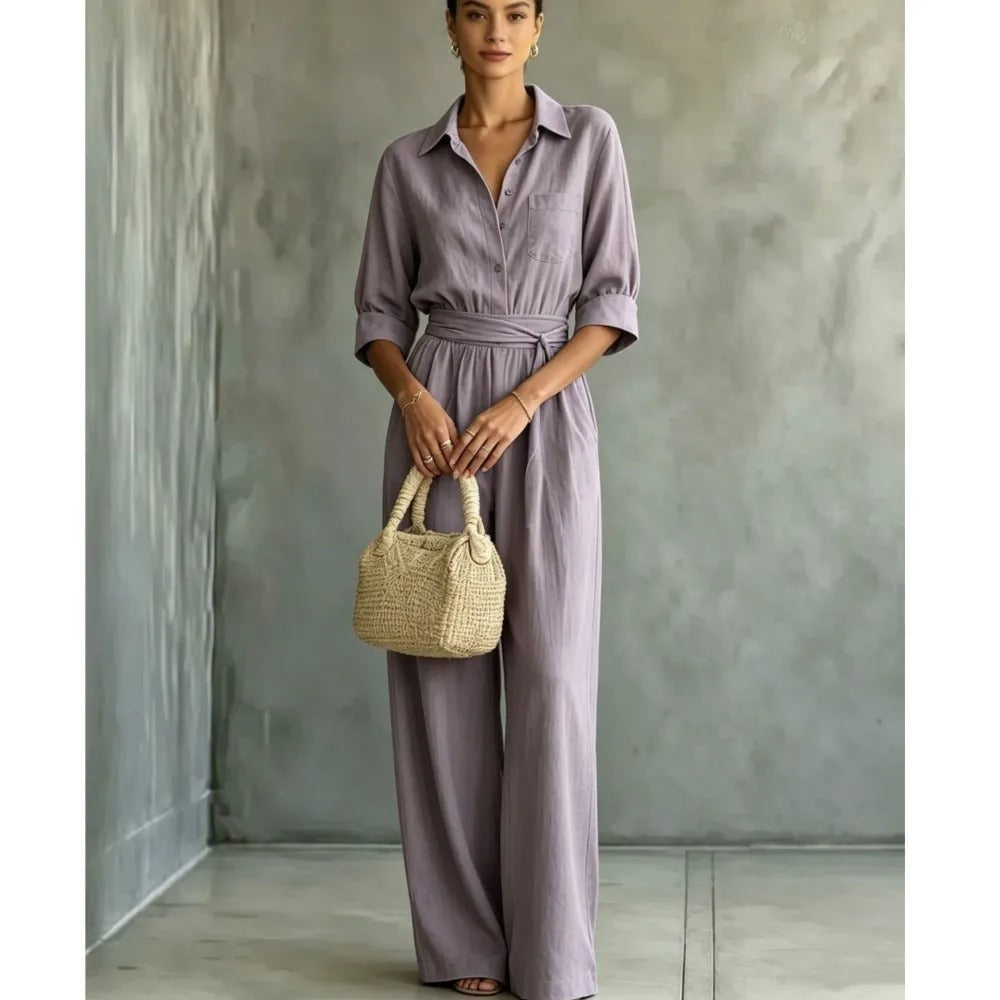 Elena Mono Elegante con Cintura Ajustable y Pantalón Ancho
