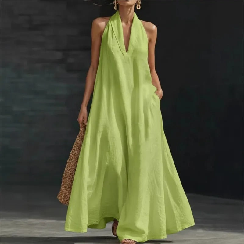 Clara Vestido de Algodón y Lino Maxi Halter