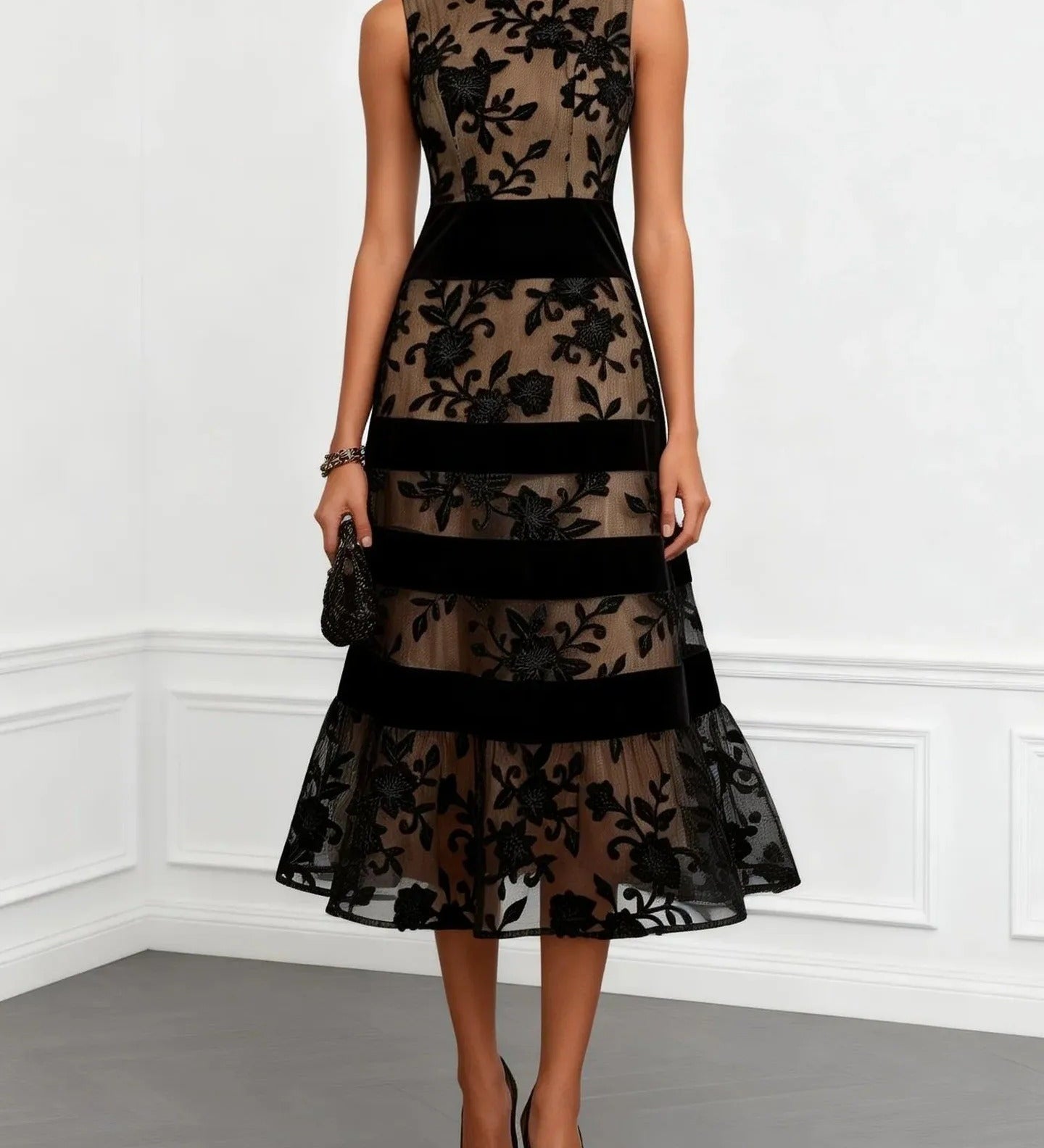 Odette Vestido Midi de Tul Bordado Floral