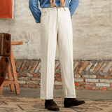 Katoenen broek met denim look en dubbel geplooide pasvorm