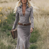 Suède jurk met franjes en westernstijl voor een stoere look