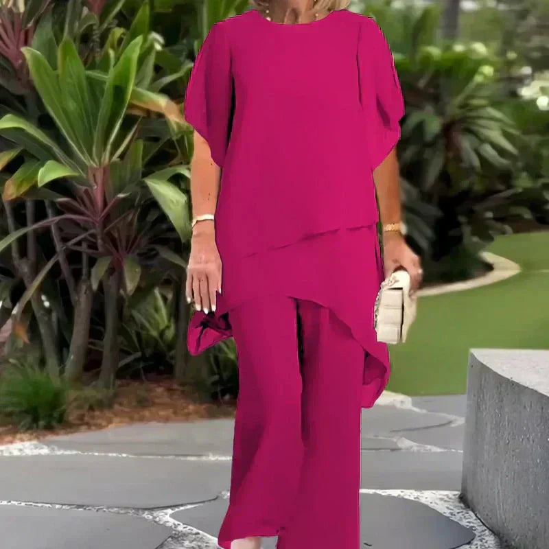 Chique set met wijde broek en gelaagde top voor werk en vrije tijd