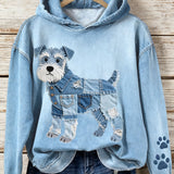 Hoodie met Schnauzer hondenmotief en patchwork denim look