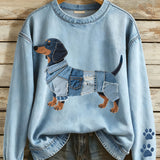 Sweatshirt met denim patchwork en speels teckelmotief