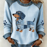 Trui met teckel print en denim patchwork details