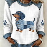 Trui met teckel print en denim patchwork details