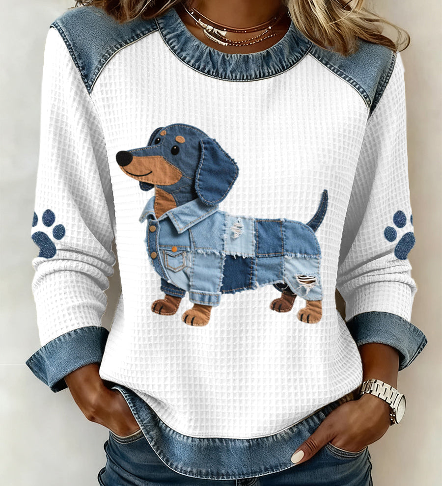 Trui met teckel print en denim patchwork details