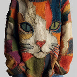 Top met kattenprint en artistieke patchwork details
