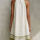 Ofelia Vestido Mini en Línea A Blanco y Verde Oliva con Estampado Floral sin Mangas