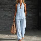 Sofía Conjunto Efecto Lino con Top Halter y Pantalón Ancho a Rayas