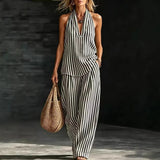 Sofía Conjunto Efecto Lino con Top Halter y Pantalón Ancho a Rayas