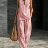 Sofía Conjunto Efecto Lino con Top Halter y Pantalón Ancho a Rayas