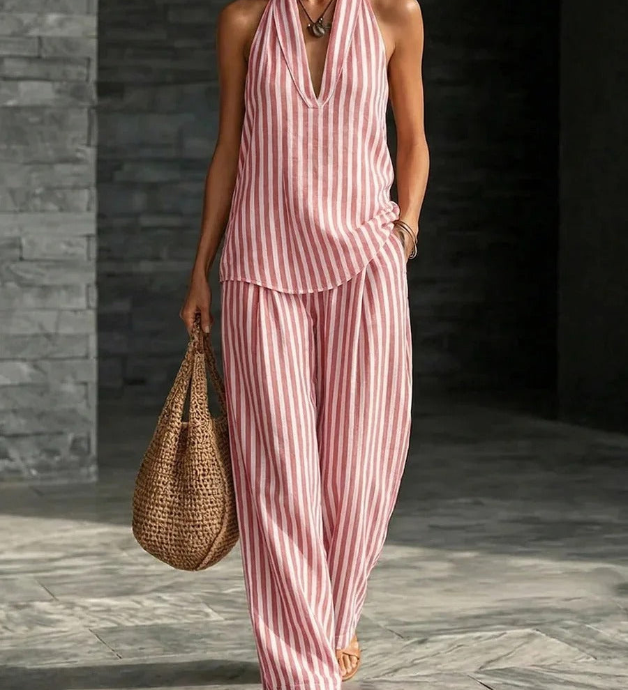 Sofía Conjunto Efecto Lino con Top Halter y Pantalón Ancho a Rayas