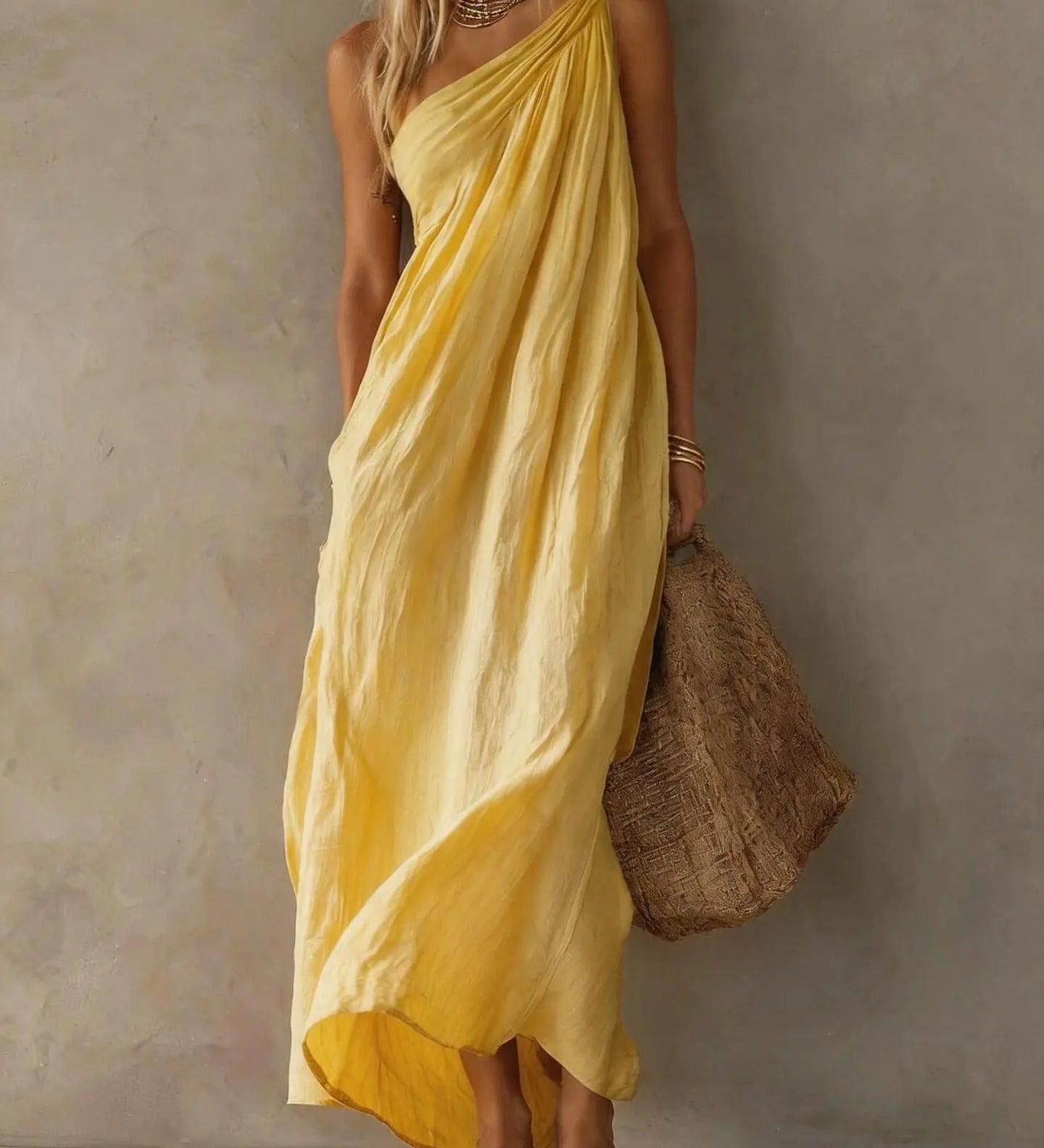 Adriana | Asymmetrische maxi-jurk van katoen-linnenmix