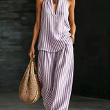 Sofía Conjunto Efecto Lino con Top Halter y Pantalón Ancho a Rayas