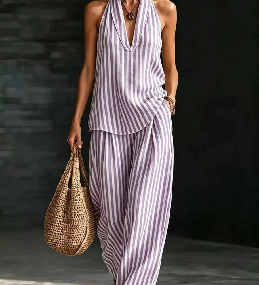 Sofía Conjunto Efecto Lino con Top Halter y Pantalón Ancho a Rayas