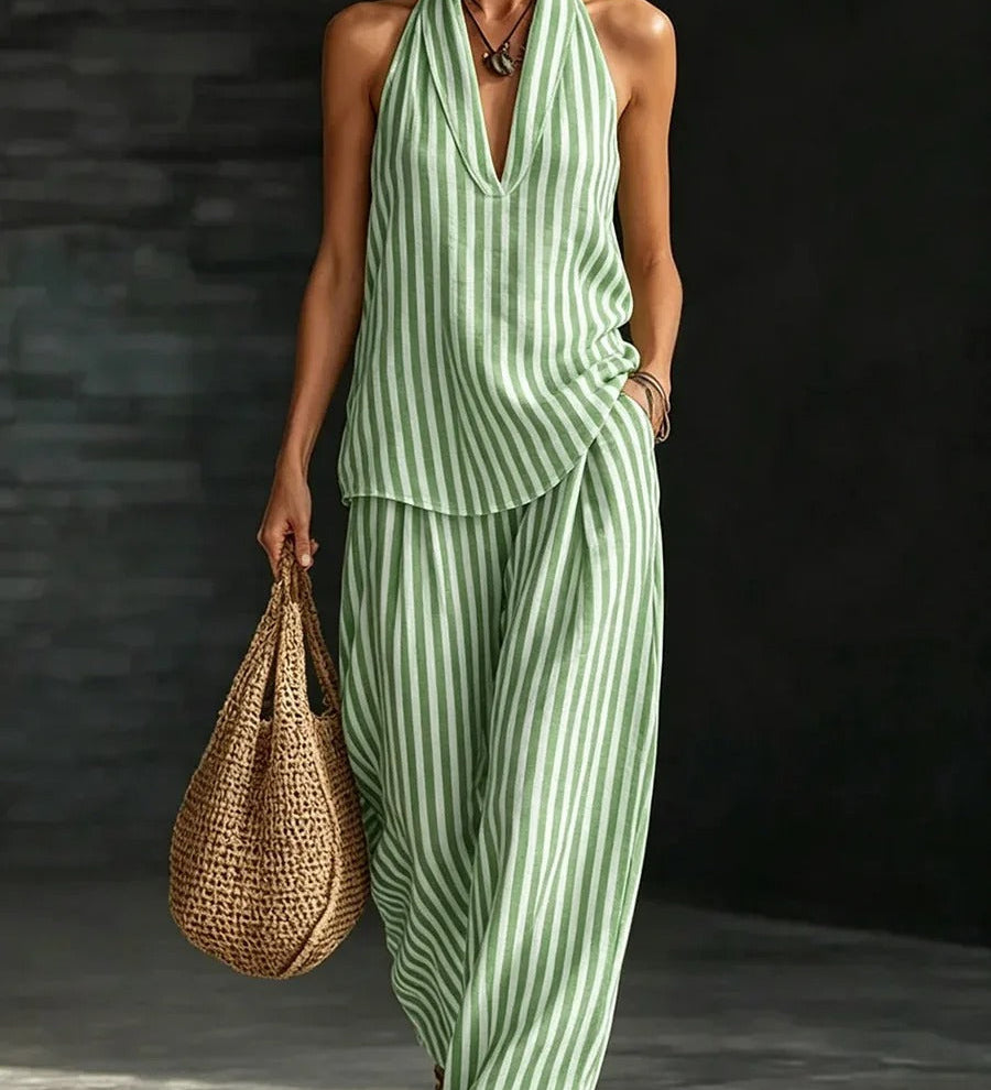 Sofía Conjunto Efecto Lino con Top Halter y Pantalón Ancho a Rayas