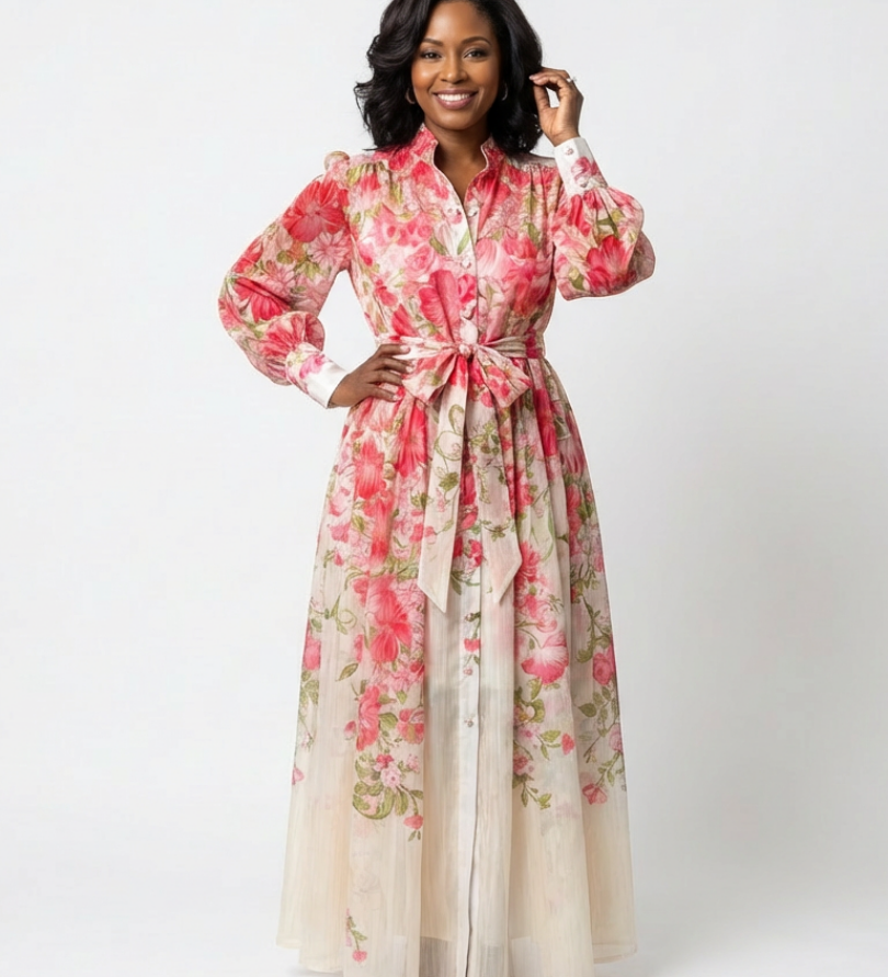 Cressida | Maxidress met bloemenprint en transparante stof met lange mouwen